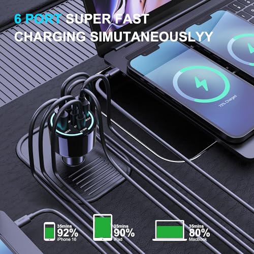 CHIPOFY 300W USB C Car Charger, 6 Ports (4 USB C + 2 USB A) | PD3.1 140W PPS 45W QC 60W Super Fast Charging for MacBook Laptop, iPhone 16 15 Pro Max, iPad, Galaxy S24/S23
