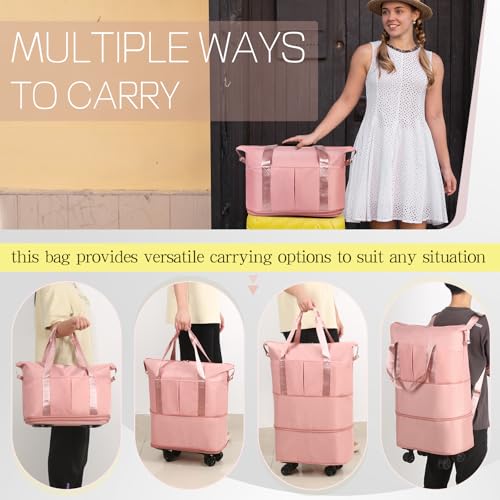VOOWO Duffel Bag with Wheels - Rolling Foldable Expandable Duffle bags for Travel, Rolling Under Seat Luggage Carry On Travel Bag, Large Wheeled Overnight Weekender Bag (Pink) - color: Pink