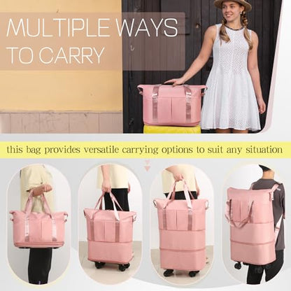 VOOWO Duffel Bag with Wheels - Rolling Foldable Expandable Duffle bags for Travel, Rolling Under Seat Luggage Carry On Travel Bag, Large Wheeled Overnight Weekender Bag (Pink) - color: Pink