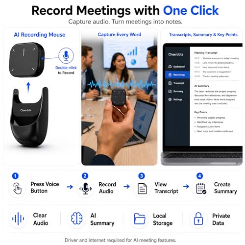 2026 Upgraded AI Voice Mouse - Wireless Air Mouse with AI Voice Assistant, 12 Languages Translation, Meeting Transcription & Summary - Detachable Computer Mouse, Presentation Clicker for Laptop - color: Black