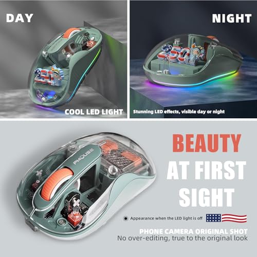 FMOUSE Transparent Wireless Mouse, 2 Cute 2026 Figurines, Tri-Mode, Green | Rechargeable | USB-A & USB-C Receivers for Mac, iPad, Laptop | 2.4G & Dual Bluetooth | Silent Clicks | RGB | Portable - color: Green