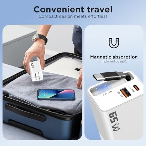 65W GaN USB C Charger with Retractable Charging Cable, 3 in 1 Power Adapter | travel charger for MacBook, iPhone 17 16 15, Samsung Galaxy S24, iPad, multi port compact wall charging block, White - color: White