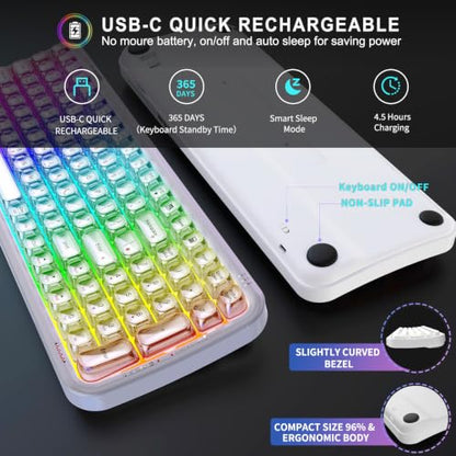 FOPETT Wireless Computer Keyboard with RGB Backlit, Tri-Mode Bluetooth 5.0/USB-C/2.4GHz Ergonomic Gaming Keyboard - Full-Size Rechargeable Transparent Keycap for Laptop/Windows/PC - White - color: 732 White