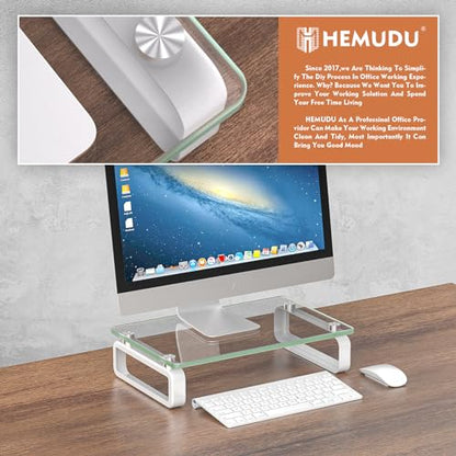 Hemudu Clear Computer Monitor Stand Riser Multi Media Desktop Stand for Flat Screen LCD LED TV, Laptop/Notebook, with Tempered Glass and Metal Legs, HD02T-001 - color: Clear