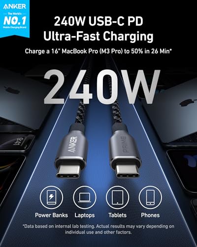 Anker Prime USB C to USB C Cable, 240W Fast Charging Durable Cable (6 ft) | USB 2.0 Upcycled Braided Nylon, 100-Year Bend Durability for iPhone 17 / 17 Pro / 17 Pro Max, MacBook, Galaxy, and More - size: 6FT