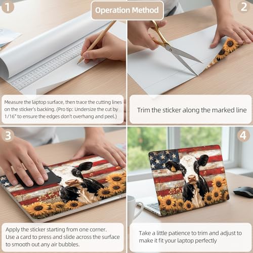 Aesthetic Laptop Skin Cover,12-15.6 Inch Universal Vinyl Sticker Decal,Waterproof Scratch-Resistant Notebook Wrap,Removable Residue-Free Protector,American Cow Sunflowers - color: American Cow Sunflowers