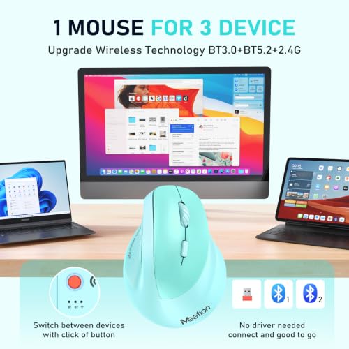 MEETION Ergonomic Wireless Vertical Mouse, Rechargeable, Green | Bluetooth 5.2 + 3.0 and USB connectivity, RGB backlight, 4 DPI adjustment, compatible with Windows, Mac, Android, PC and iPad - color: Right Green