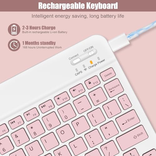 NOOX Bluetooth Keyboard for iPad A16 11th 10th Generation, iPad Pro 13/12/11/10/9/8/7 inch, iPad Air 13/11th Gen, iPad mini Tablets, etc. - Slim Wireless Portable Travel Office Computer Accessories - color: Pink