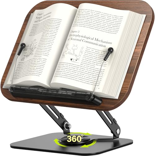 Adjustable Book Stand for Reading – Durable Build Quality, 360° Rotating Base, Stable Book Holder for Study, Kitchen, or Office, Relieves Neck Strain, (Dark Wood) - color: Dark Wood