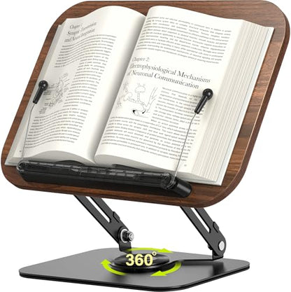 Adjustable Book Stand for Reading – Durable Build Quality, 360° Rotating Base, Stable Book Holder for Study, Kitchen, or Office, Relieves Neck Strain, (Dark Wood) - color: Dark Wood