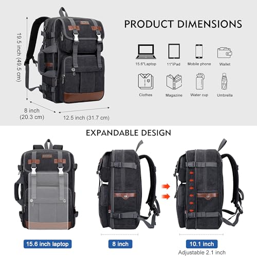 WITZMAN Canvas Travel Backpack for Men Large Laptop Backpack Fits 16 Inch | Expandable 32L to 42L, Carry-on Airline Approved Convertible Shoulder Rucksack, For Vacation, Overnight Trip, A6617 Black - color: Black