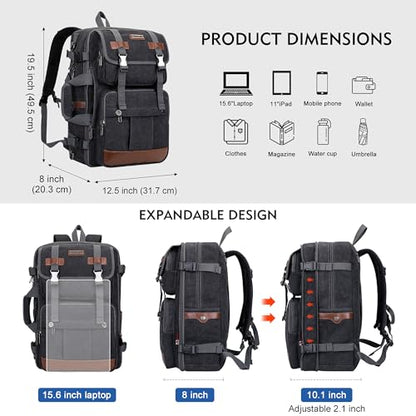 WITZMAN Canvas Travel Backpack for Men Large Laptop Backpack Fits 16 Inch | Expandable 32L to 42L, Carry-on Airline Approved Convertible Shoulder Rucksack, For Vacation, Overnight Trip, A6617 Black - color: Black