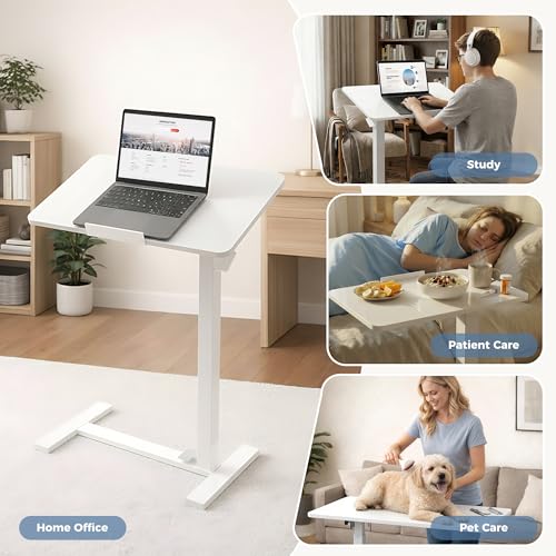 DUMOS Adjustable Rolling Desk, Standing Desks, Overbed Table | Mobile Hidden Wheels, Portable Laptop Computer Workstation, Bed Sofa Couch Use, Milk - color: Milky