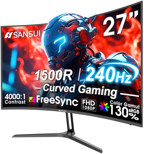 SANSUI 27 Inch Curved 240Hz Gaming Monitor FHD 1080P, 1500R Curve Computer Monitor, 130% sRGB, 4000:1 Contrast, HDR, FreeSync, MPRT 1Ms, Low Blue Light, HDMI DP Ports, Metal Stand, Cable Incl. - size: 27.01