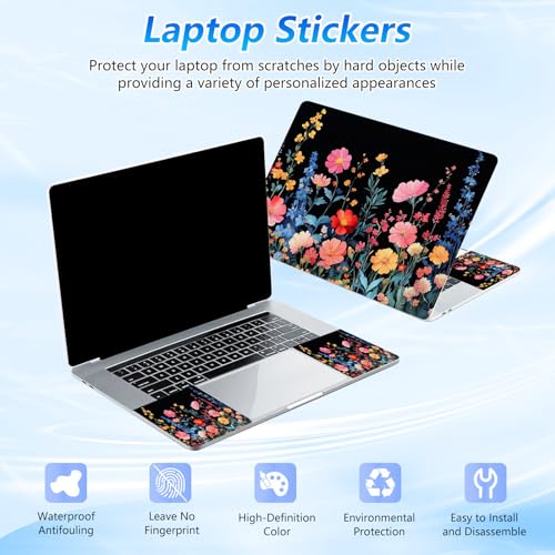 Universal Laptop Skin Sticker Decal with 2 Wrist Pad Skins, Waterproof Scratch Vinyl Cover for 11–15.6 Inch MacBook, HP, Dell, Lenovo, Cutable & Reusable,Dark Wildflower Meadow - color: Dark Wildflower Meadow