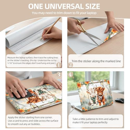 Universal Laptop Skin Sticker for 12/13/14/15.6 Inch Laptops, Reusable Vinyl Laptop Decal Cover, Waterproof Scratch Resistant Notebook Skin with 2 Wrist Pads,Cute Highland Cows - color: Cute Highland Cows