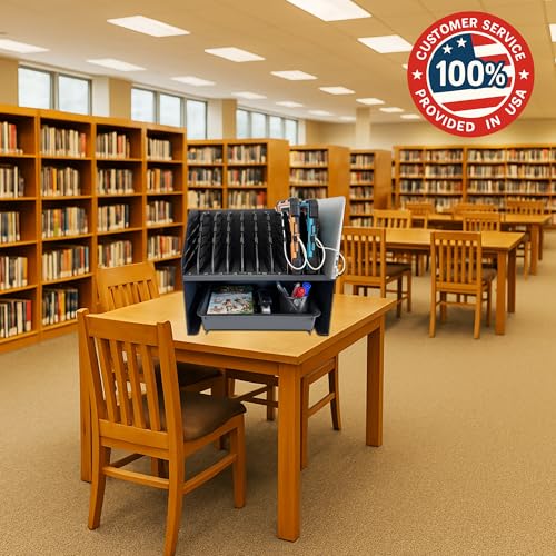 10-Device Laptop & Tablet Charging Station with 6 AC Outlets & 4 Fast-Charging USB Ports, Charging Rack for Chromebooks, iPads & Devices Up to 15.6", Classroom, Office & Library Organizer - color: Black with 10-Device Charging Station