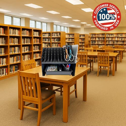 10-Device Laptop & Tablet Charging Station with 6 AC Outlets & 4 Fast-Charging USB Ports, Charging Rack for Chromebooks, iPads & Devices Up to 15.6", Classroom, Office & Library Organizer - color: Black with 10-Device Charging Station