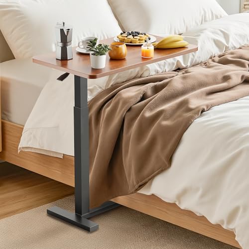 Adjustable Overbed Bedside Table with Wheels, Pneumatic Adjustable Hospital & Home Use Bed Table, Rolling Laptop Table, Mobile Standing Desk, Brown - color: Brown, style: Non-Tiltable
