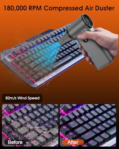 Compressed Air Duster, 180000 RPM Turbo Dust Blower, 45W Charge | SuperPower Mini Cordless Electric Air Duster, 8000mAh, 4 Adjustable Speeds, Keyboard/PC/Car Cleaner, Replace air can - color: Silver Gray