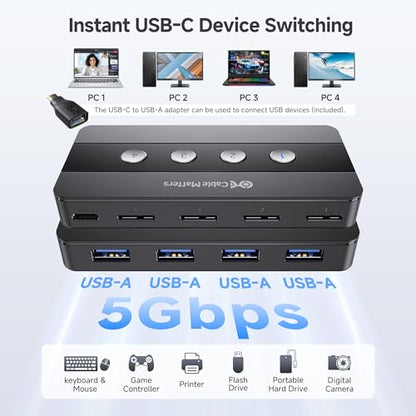 Cable Matters 4 Port USB 3.0 Switch USB Sharing Switch for 4 Computers and USBA Peripherals Including Keyboard, Mouse & Hard Drive, with a USBC Adapter for USBC USB4 and Thunderbolt 4/5
