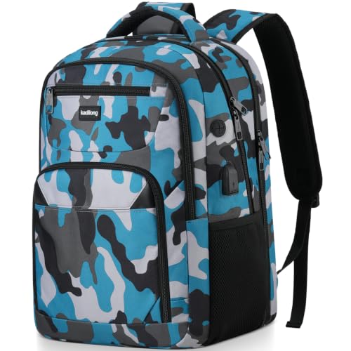 Travel Laptop Backpack for Men Business,Back Pack Bookbag Computer Backpack for Teens Boys with USB Charging Port,Water Resistant - color: Camouflage Blue, size: 15,6 inch