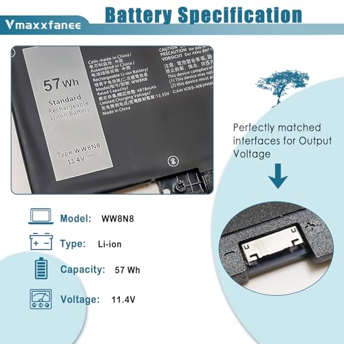 57Wh WW8N8 Laptop Battery Replacement for DELL Latitude 7340 7350 7440 7450 7640 7650 Series Notebook 66DWX 0CTJJ6 0HYH8 FH97R 3ICP6/65/78 11.4V 4878mAh - size: 10.43*3.19*0.24inch WW8N8