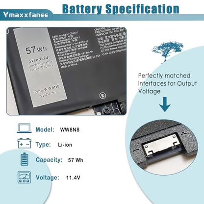 57Wh WW8N8 Laptop Battery Replacement for DELL Latitude 7340 7350 7440 7450 7640 7650 Series Notebook 66DWX 0CTJJ6 0HYH8 FH97R 3ICP6/65/78 11.4V 4878mAh - size: 10.43*3.19*0.24inch WW8N8