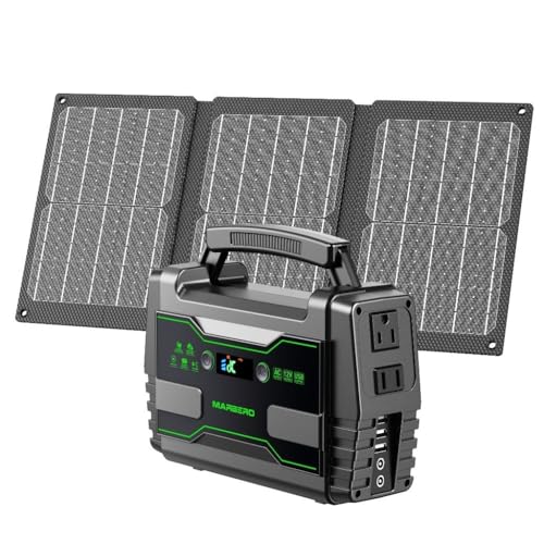 MARBERO Solar Powered Generator 155Wh, 100W with Solar Panel Kit 30W | Solar Generator 150W Surge Power Station with 2x 100W AC Outlets for Camping Home Emergency Blackout Outdoor Hiking Fishing - color: Green Black
