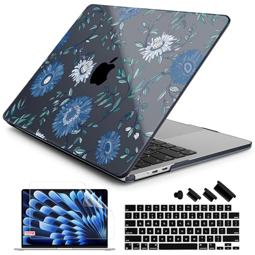 Batianda Case for MacBook Air 15 inch 2026 M5 M4 M3 M2 Chip,Blue Teal Daisy | 4-in-1 set with fresh sleek wildflower design, lightweight slim hard shell protection for cottagecore lovers and women - color: Flowers and leaves