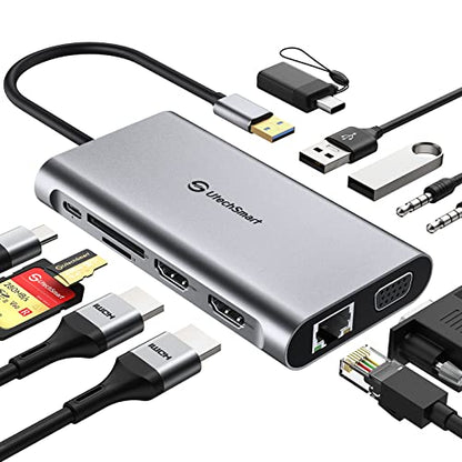 UtechSmart USB Docking Station, 11 IN 1 USB C Dock Triple Display, USB 3.0 Laptop Docking Station with Dual HDMI, VGA, PD, Ethernet, SD/TF, USB 3.0, Mic/Audio, Compatible for MacBook M1 Dell HP Lenovo - color: Grey