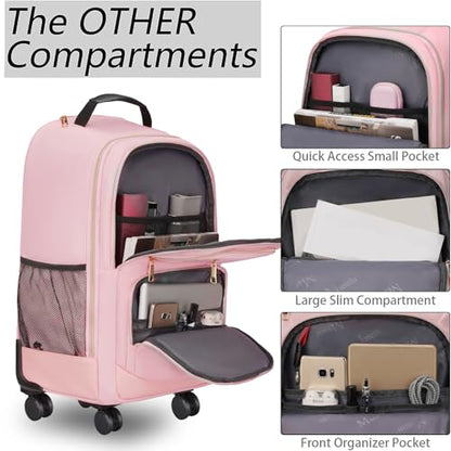 MATEIN Pink Rolling Backpack, Roller Laptop Bag with 4 Spinner Wheels | 18 inch Extra Large Wheeled Backpack Carry on Luggage, Water Resistant Rolling Suitcase Bag for Travel Women - color: Pink, size: 18 inch