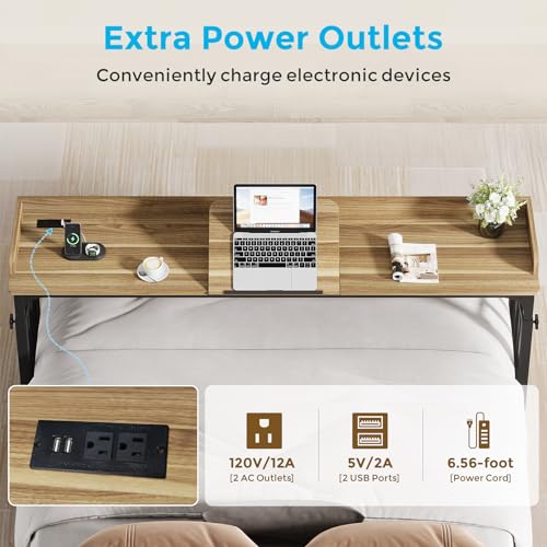 71 in Queen Size Overbed Table with Wheels, Light Brown | Height Adjustable, Bed Table with Adjustable Tilt Board, Mobile Laptop Cart Computer Desk with Power Outlets, USB Ports - color: Light Brown
