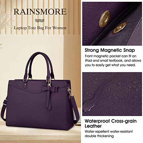 RAINSMORE Laptop Bag for Women 15.6 Inch PU Tote Bag Business Work Bag Waterproof Briefcase Computer Tote Lightweight Handbag Shoulder, Dark Purple - color: Dark Purple
