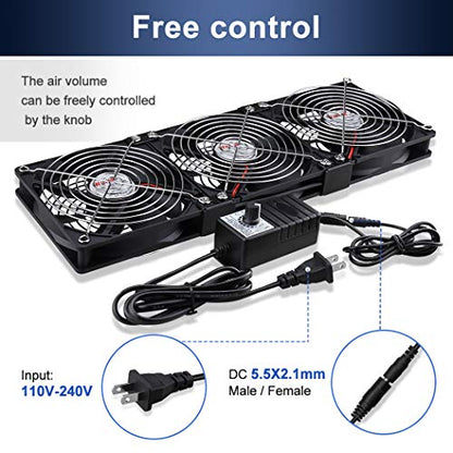 Wathai Dual Ball 3 x 120mm Computer Fan with AC Plug DC 12V Server Fans | Baseboard Booster Fan with 110V 120V 220V 240V AC Speed Controller for DIY Cabinet Chassis Machine Rack Workstation Cooling - style: 3x120mm fan