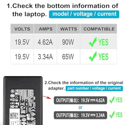 19.5V 4.62A 90W AC Charger Fit for Dell Inspiron 11 13 14 15 17 3000 5000 7000 Series Laptop Dell Latitude 14 15 Series Laptop Power Adapter Supply Cord