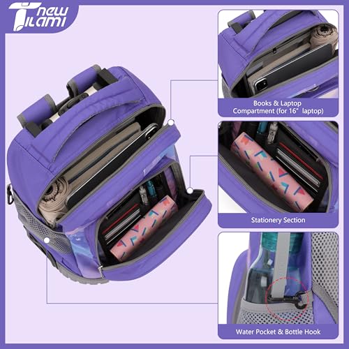NEW TILAMI 16 Inch Rolling Backpack with Lunch Bag for Girls Boys School | 6-Wheel Stair-Climbing Girls Boys Carry-on Suitcase Water-Resistant Adjustable Trolley Handle Wheels School Travel Camping - color: Purple Watercolor