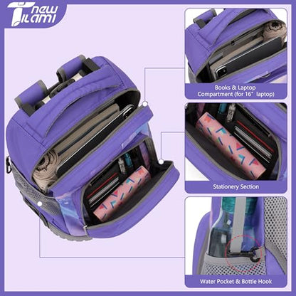 NEW TILAMI 16 Inch Rolling Backpack with Lunch Bag for Girls Boys School | 6-Wheel Stair-Climbing Girls Boys Carry-on Suitcase Water-Resistant Adjustable Trolley Handle Wheels School Travel Camping - color: Purple Watercolor