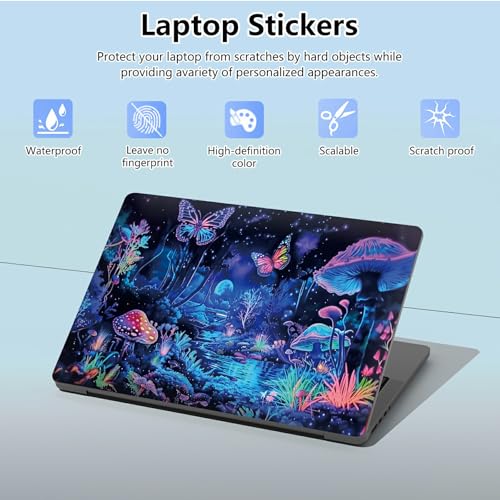 Universal Laptop Skin Sticker with 2 Wrist Pad Skins, Waterproof Scratch Resistant Vinyl Laptop Cover Decal, Cut to Fit for 11–15.6 Inch MacBook HP Dell Lenovo, Blue Mushrooms - color: Blue Mushrooms