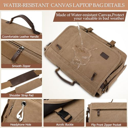 17.3 Inch Messenger Bag for Men: 2PCS Laptop Bag PU Leather Canvas Work Briefcase Large Office - color: Canvas Brown Khaki