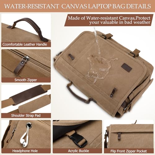 17.3 Inch Messenger Bag for Men: 2PCS Laptop Bag PU Leather Canvas Work Briefcase Large Office - color: Canvas Brown Khaki