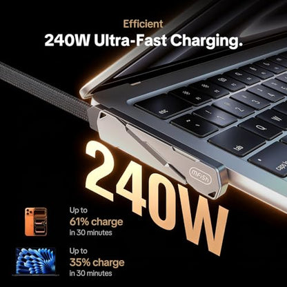 MFish 240W USB-C Cable with Foldable Stand, 3.93FT | 90° T-shaped plug, PD 3.1, E-Marker chip, 45,000 bend test, slim-case fit - color: Black