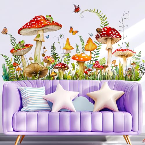 Mushroom Wall Decals Peel and Stick, Frog Butterflies Grass Vinyl Wall Stickers, Removable Home Decor Art for Bedroom Living Room Classroom Office - style: Mushroom#1