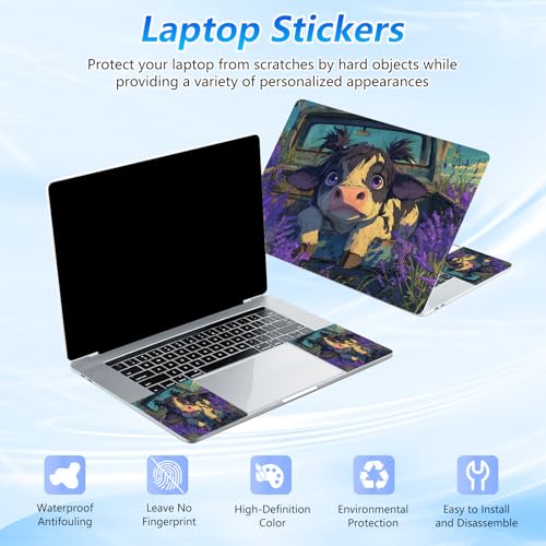 Universal Laptop Skin Sticker Decal with 2 Wrist Pad Skins, Waterproof Scratch Vinyl Cover for 11–15.6 Inch MacBook, HP, Dell, Lenovo, Cutable & Reusable,Cute Cow in Lavender - color: Cute Cow in Lavender