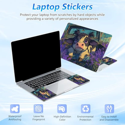 Universal Laptop Skin Sticker Decal with 2 Wrist Pad Skins, Waterproof Scratch Vinyl Cover for 11–15.6 Inch MacBook, HP, Dell, Lenovo, Cutable & Reusable,Cute Cow in Lavender - color: Cute Cow in Lavender