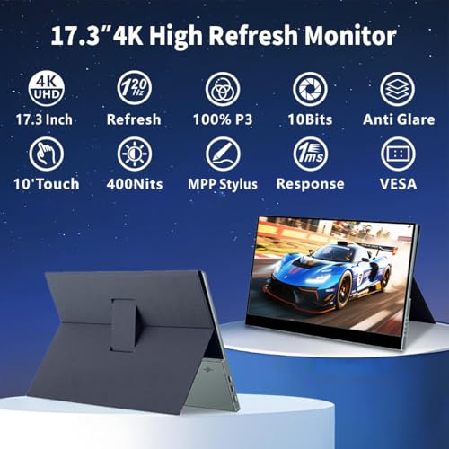 17.3" 4K Portable Monitor Touchscreen, 120Hz UHD Gaming Display 3840x2160 with MPP Stylus Support, 100% DCI-P3, HDMI 2.1 USB-C, VESA External Screen for Laptop Console PC - size: 17.3 Inch