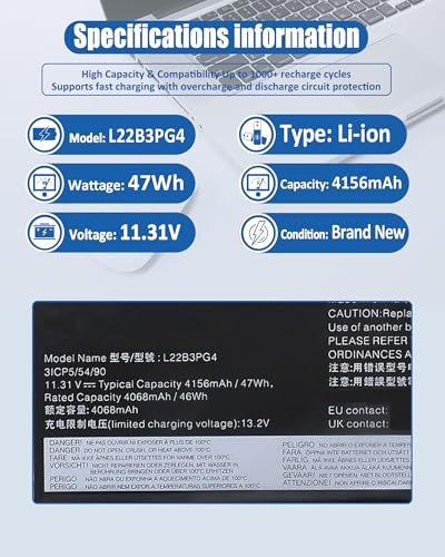 47Wh L22B3PG4 L22M3PG4 Battery Replacement for Lenovo ThinkPad E14 Gen 5 Gen 6,ThinkPad E16 Gen 1 Gen 2 Series Notebook L22D3PG4 L22X3PG4 L22L3PG5 L22B3PG5 L22D3PG5-11.31V 4156mAh - size: L22B3PG4 11.54*3.15*0.25 IN