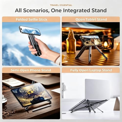 4-in-1 Foldable Laptop Stand, Magnetic Phone Stand & Selfie Stick with 180° Rotating Magnetic Head, Portable Travel Laptop Holder Tripod, 8-Level Ergonomic Height Adjustable Stand (Grey, 1 PCS) - color: Grey, size: 1 PCS