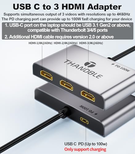 USB C to 3 HDMI Adapter with 100W PD Charging, Triple 4K60Hz Monitor Extender for Dell/Surface Pro/HP, HDMI Splitter Extended Display Hub, Plug & Play Laptop Multi-Screen Adapter