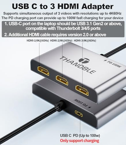 USB C to 3 HDMI Adapter with 100W PD Charging, Triple 4K60Hz Monitor Extender for Dell/Surface Pro/HP, HDMI Splitter Extended Display Hub, Plug & Play Laptop Multi-Screen Adapter